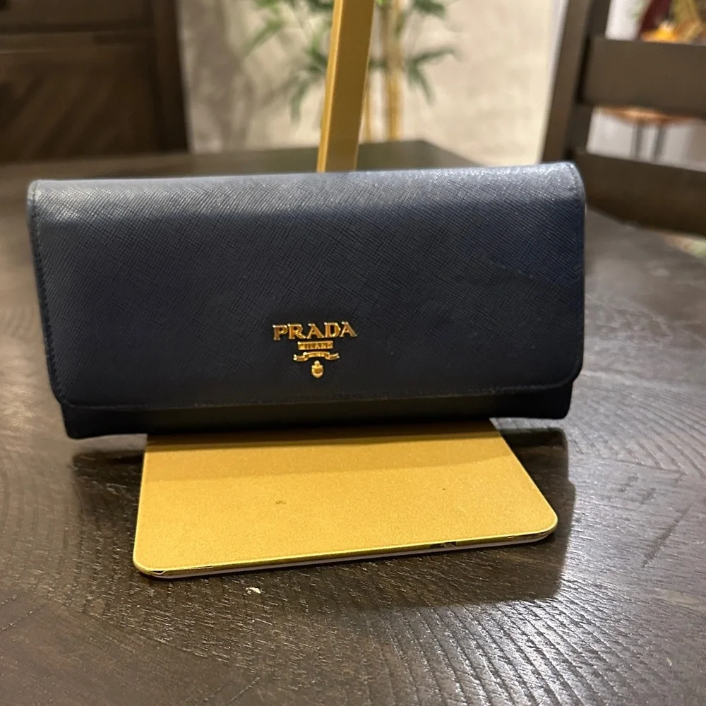 Prada Navy Saffiano Continental Wallet with Gold Logo Stunning interior ❤️ - Picture 2 of 12